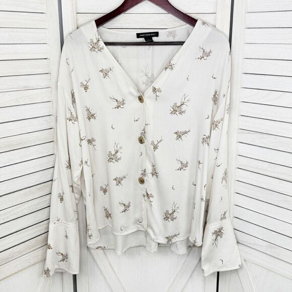 Something Navy Floral Exaggerated Cuff Button Front Shirt Ivory Tan Large - Picture 10 of 15